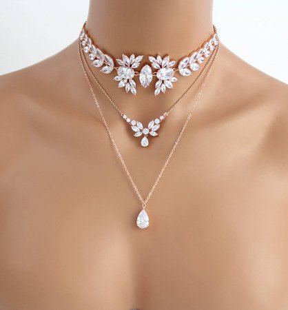 Rose Gold layered necklace, Bridal necklace, Bridal jewelry, Rose gold choker necklace, Statement necklace, Swarovski Wedding necklace
