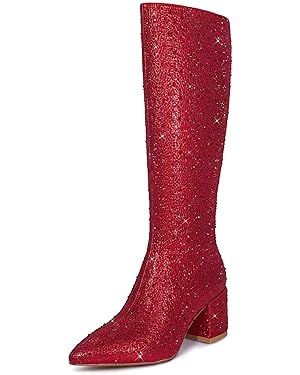 Amazon.com | wetkiss Rhinestone Boots for Women Knee High Boots Women Chunky Boots for Women Silver Boots Sparkly Boots for Women Pointed Toe Low Chunky Heel Boots for Women Zipper Glitter Boots Long Sequin Boots | Ankle & Bootie