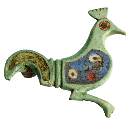 Copper-alloy Roman fibula (cloak pin) in the shape of a rooster, with enamelled detailing on the eye and plumage: ca. 2nd Century AD.
