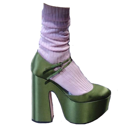 green heel with purple socks