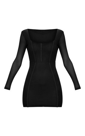 Black Sheer Mesh Square Neck Bodycon Dress | PrettyLittleThing USA