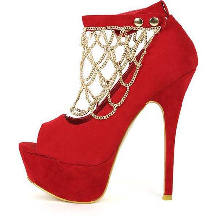 red and gold chain pumps