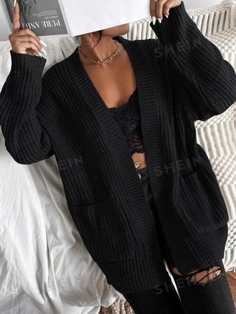 SHEIN Frenchy Solid Dual Pockets Ribbed Knit Cardigan | SHEIN