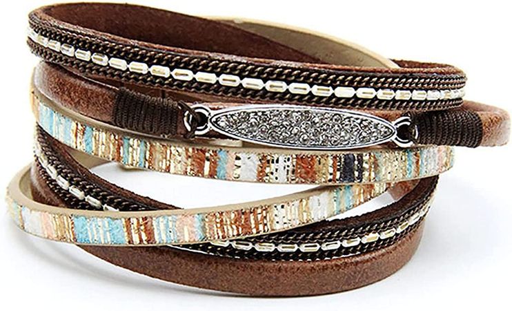 Luluadorn Women Brown Multilayer Leather Wrap Bracelet Sparkling Wristbands Boho Braided Bracelet Magnetic Clasp : Amazon.ca: Clothing, Shoes & Accessories