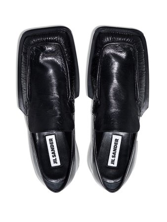 black Jil Sander patent leather square tip loafers