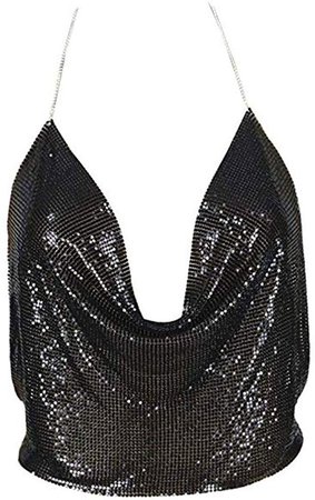 *clipped by @luci-her* Kuji Women Metal Sequin Sparkle Glitter Tank Deep V Neck Spaghetti Strap Backless Halter Tops