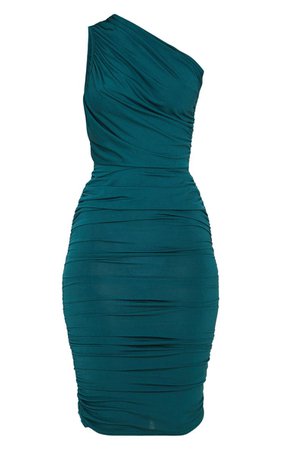 Emerald Green Slinky Ruched One Shoulder Longline Midi Dress | PrettyLittleThing