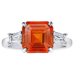 3.21 Carat Emerald Cut Orange Sapphire and Diamond Ring For Sale at 1stDibs