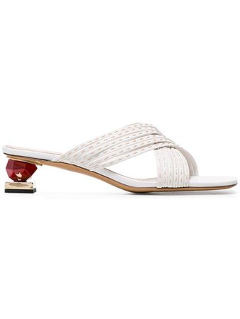 JACQUEMUS white Castana 35 crossover stack heel leather sandals