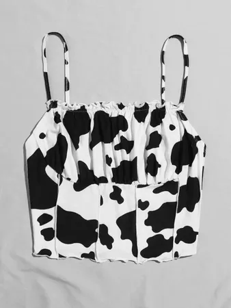 Frill Trim Ruched Bust Cow Print Cami Top | SHEIN USA black white