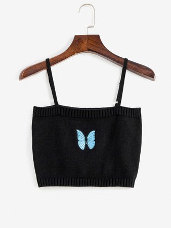 [52% OFF] 2021 Knitted Butterfly Embroidered Crop Camisole In BLACK | ZAFUL