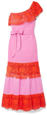 Rezina One-shoulder Cotton Guipure Lace-trimmed Linen Maxi Dress - Pink