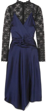 Layered Ruched Satin And Lace Midi Dress - Black