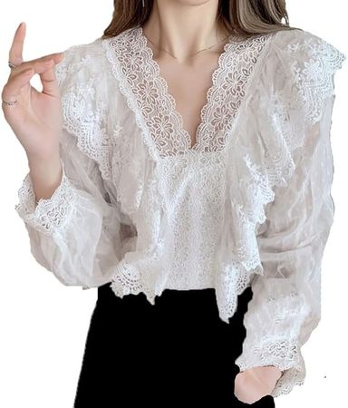 Women Deep V Neck Puff Long Sleeve Ruffle Blouse Summer Casual Work Lace Crochet Tops at Amazon Women’s Clothing store