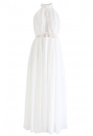 Embroidered Mesh Split Chiffon Halter Dress in White - DRESS - Retro, Indie and Unique Fashion