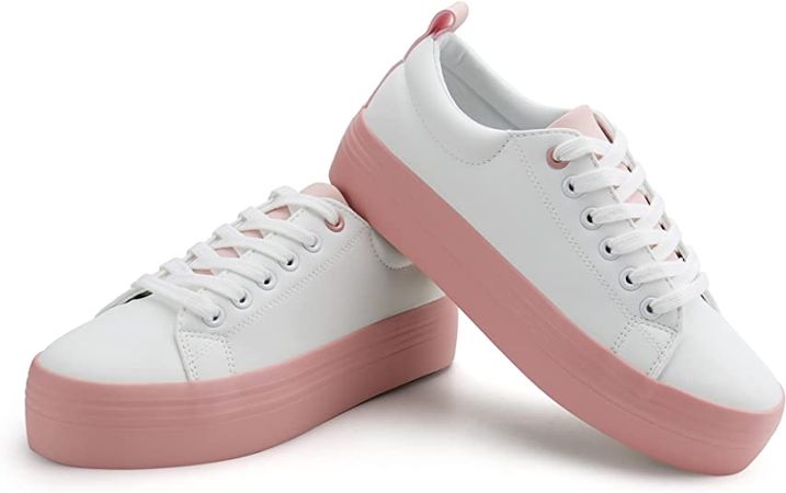 Amazon.com | JABASIC Women Lace Up Platform Sneakers Comfortable Casual Fashion Sneaker Walking Shoes (6,White/Pink) | Fashion Sneakers