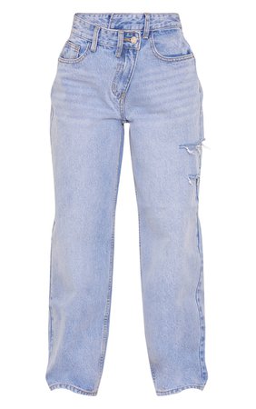 Petite Light Wash Baggy Asymmetric Boyfriend Jeans | PrettyLittleThing USA