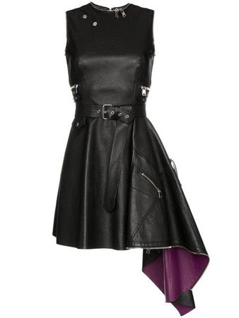 Black Asymmetrical Leather Mini Dress