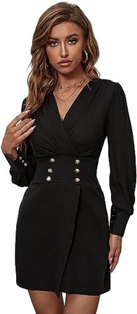 WDIRARA Women's Elegant Wrap V Neck Button Front Bishop Long Sleeve Dress at Amazon Women’s Clothing store
