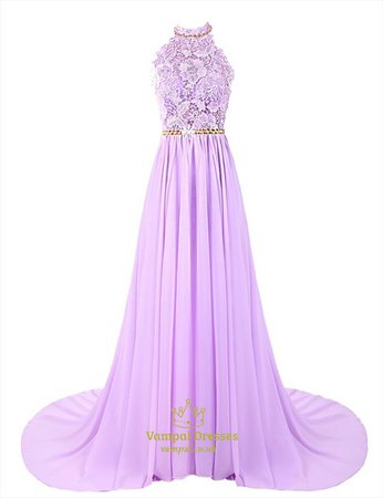 Lavender Backless Halter Lace Bodice Chiffon Floor Length Prom Dress | Vampal Dresses