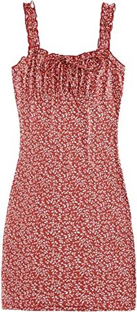 Amazon.com: SheIn Women's Floral Ruched Mini Bodycon Dress Tie Front Frill Sleeveless Short Dresses : Clothing, Shoes & Jewelry