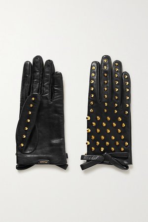 Prada | Bow-detailed studded leather gloves | NET-A-PORTER.COM