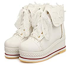 Amazon.com | HILIB Women's Cute Lolita Boots Cosplay Brogue Wedge Boots White | Boots