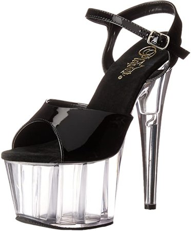 (Black Patent/ Clear)  Pleaser ADORE-709 Women's Stiletto Heel Ankle Strap Platform Sandal Party Shoe | Platforms & Wedges