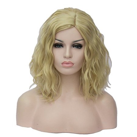 TopWigy Women's Cosplay Wig Medium Length Curly Body Wave Colorful Heat Resistant Hair Wigs Costume Party Bob Wig+Wig Cap (Blonde)