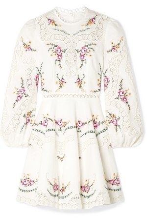 Zimmermann | Allia lace-trimmed embroidered linen and cotton-blend mini dress | NET-A-PORTER.COM