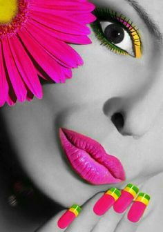 Black & White Model Pink Lips Flower Nails