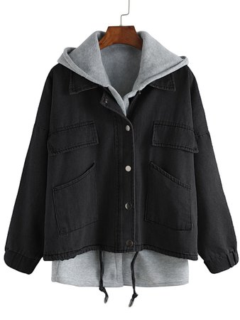 Hooded Drawstring Denim Two Pieces Outerwear