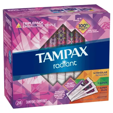 Tampax Radiant Triple Pack Regular/Super/Super Plus Absorbency Unscented Tampons - 28ct : Target