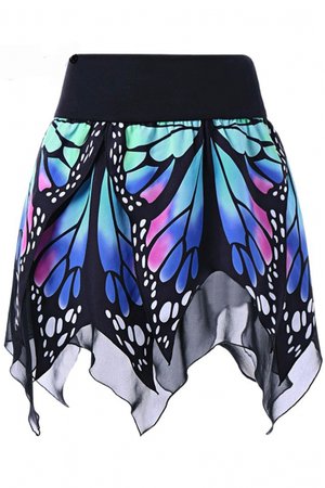 Butterfly Printed Elastic Waist Asymmetric Hem Mini Skirt - Beautifulhalo.com