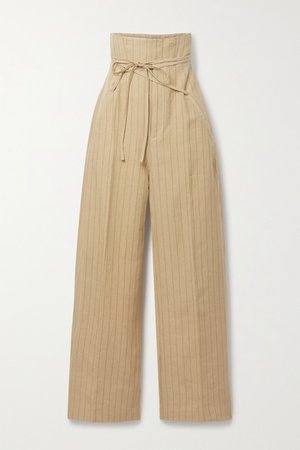 Novio Belted Pinstriped Linen Wide-leg Pants - Yellow