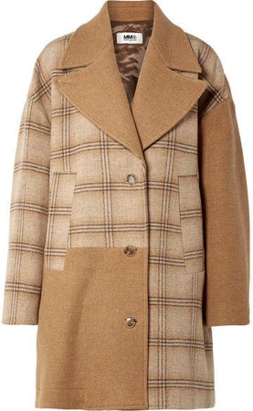 Oversized Patchwork Checked Wool Coat - Camel