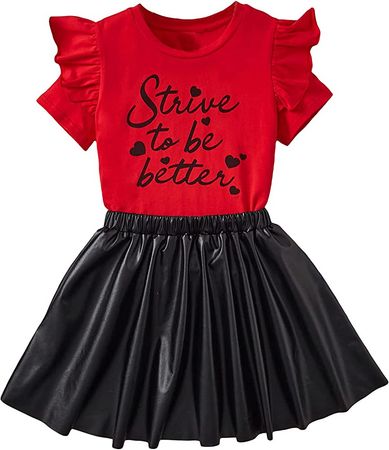 Amazon.com: OYOANGLE Girl's 2 Piece Outfits Letter Ruffle Short Sleeve T Shirt and PU Leather Short Skirt Set Red Black 11-12Y: Clothing, Shoes & Jewelry