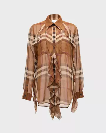 Burberry Freddy Check Ruffle Silk Collared Shirt | Neiman Marcus