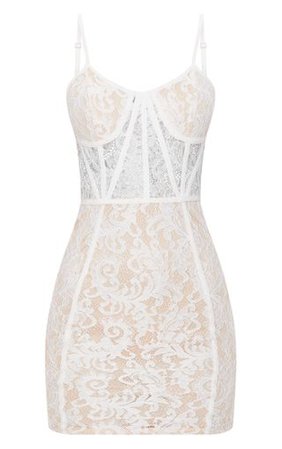 White Lace Strappy Panelled Bodycon Dress | PrettyLittleThing