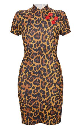 Tan Oriental Trim Leopard Midi Dress | PrettyLittleThing USA