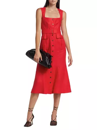 Shop Matthew Bruch Belted Square Neck Linen Midi-Dress | Saks Fifth Avenue