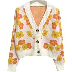 Womens Y2K Long Sleeve Loose Cardigan Sweater V Neck Knitted Cardigan Buttons Sweaters Tops(E-Apricot,One Size) at Amazon Women’s Clothing store