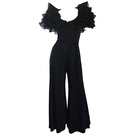 Exquisite Vintage Mignon Black Chiffon Sleeves Jersey Belted Wide Leg Jumpsuit For Sale at 1stDibs