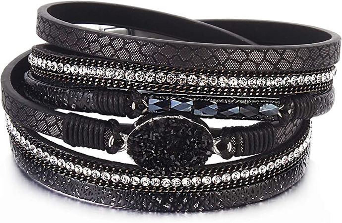 Amazon.com: FANCY SHINY Leather Wrap Bracelet Boho Cuff Bracelets Crystal Bead Bracelet with Clasp Jewelry Gifts for Women Teen Girls(14.7", Black): Clothing, Shoes & Jewelry