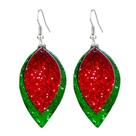 Vanjewnol Christmas Earrings Faux Leather Earrings 2 Layered Leaf Earrings Lightweight Dangle Earrings for Women Girls: Jewelry