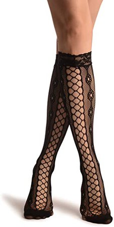 Large Net Stripe With Keyholes Mesh Black Lace Knee High Socks - Socks at Amazon Women’s Clothing store