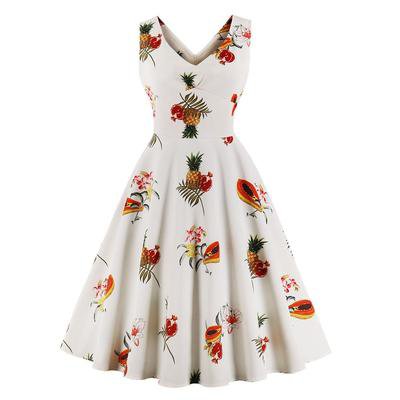 Dresses - White Fruit Print V-Neck Sleeveless Vintage Midi Dress - Elegant, Floral, Midi, Vintage - KickFancy