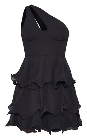 Black One Shoulder Cut Out Tiered Skater Dress | PrettyLittleThing USA
