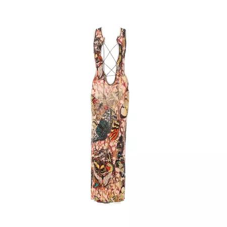 Jean Paul Gaultier Butterfly Mesh Lace Up Collar Psychedelic Maxi Dress | Heroine