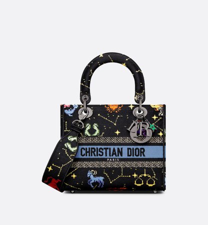 Medium Lady D-Lite Bag Ecru Multicolor Dior Pixel Zodiac Embroidery | DIOR